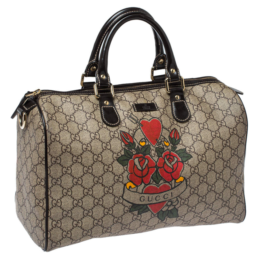 Gucci Brown Canvas Heart Tattoo GG Supreme Joy Boston Bag Size Medium –  Luxeparel