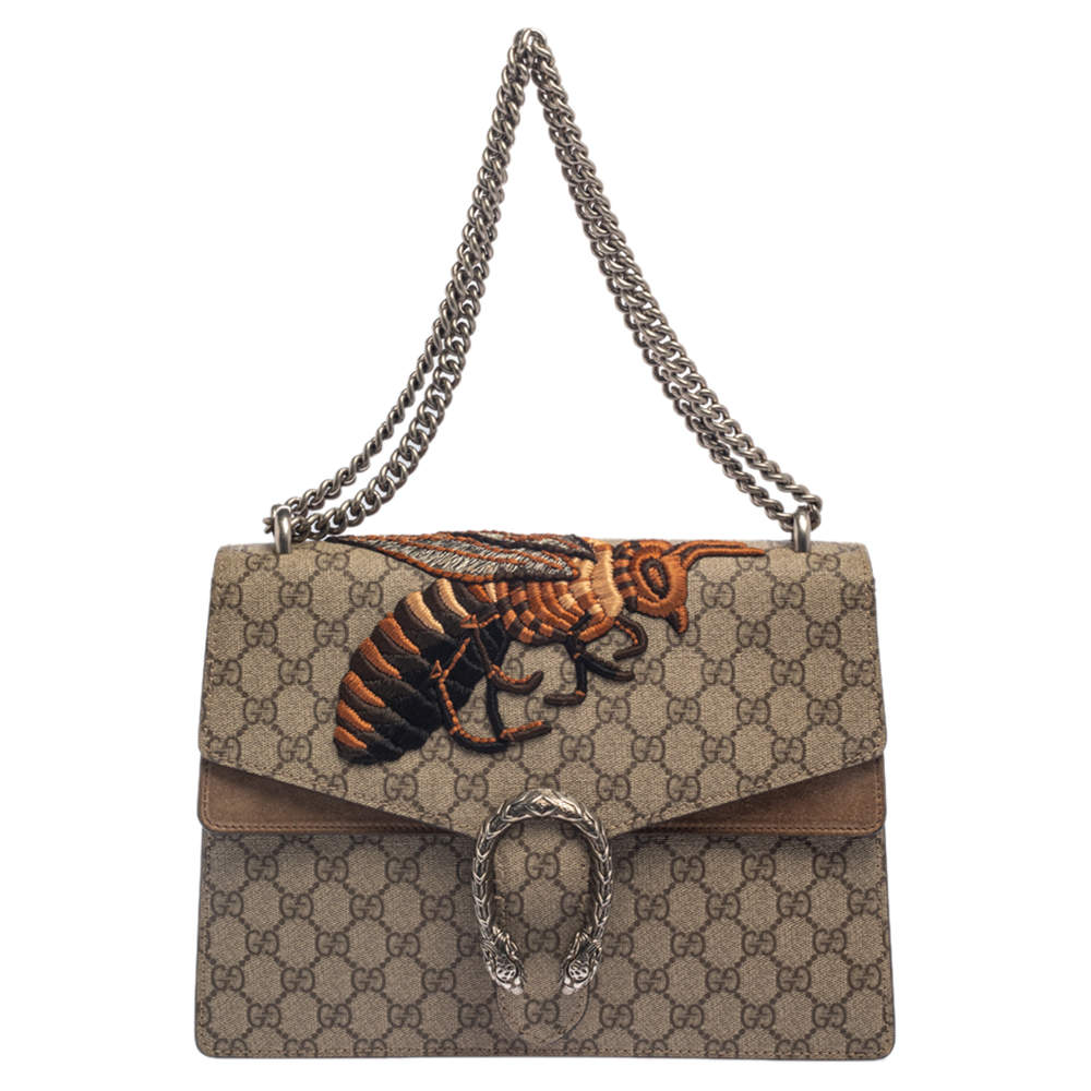 Gucci Beige GG Supreme Canvas and Suede Medium Dionysus Bee Embroidered Shoulder Bag