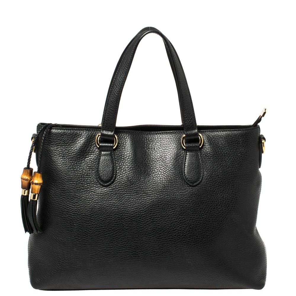 مملوكة مسبقًا حقيبة يد غوتشي شراشيب بامبو جلد حُبيبي سوداء