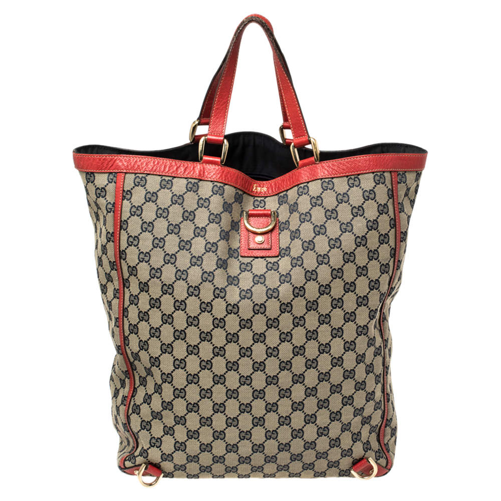 Pre Owned Gucci Beige/Red GG Canvas And Leather Large Abbey Tote