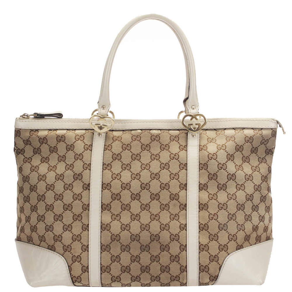 Pre Owned Gucci White GG Canvas Leather Lovely Tote Bag