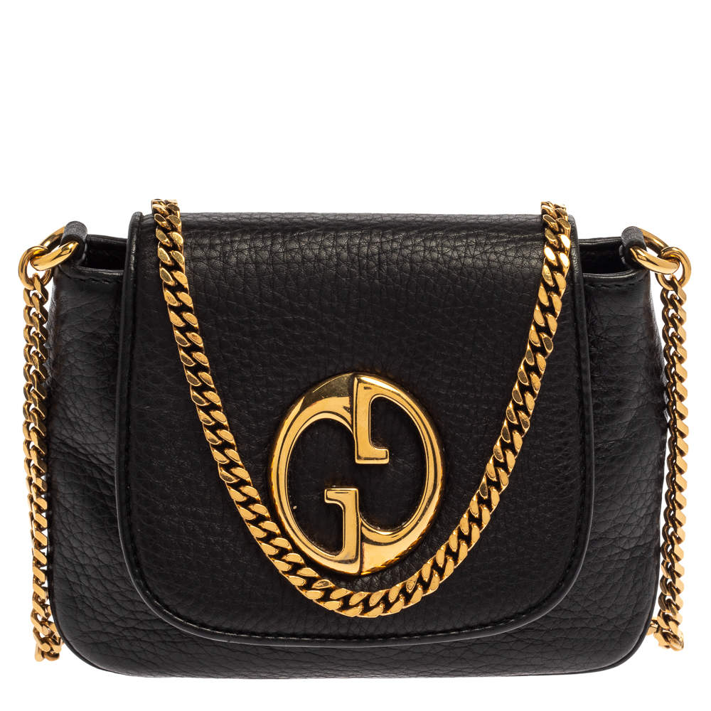 Pre Owned Gucci Black Leather Small 1973 Chain Crossbody Bag