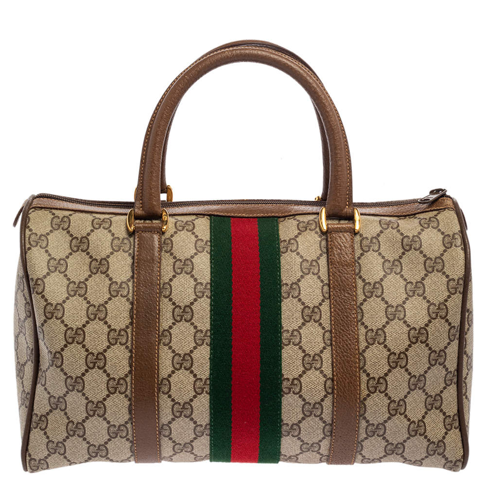 Authenticated Used Gucci Boston Bag Beige Brown GG Supreme 203516 PVC Leather  GUCCI Handbag Ribbon Women's Men's 