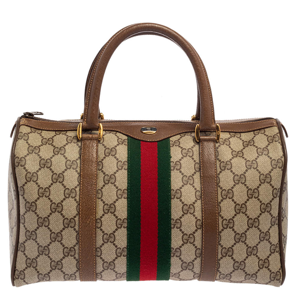 Gucci Beige/Brown GG Supreme and Leather Vintage Boston Bag