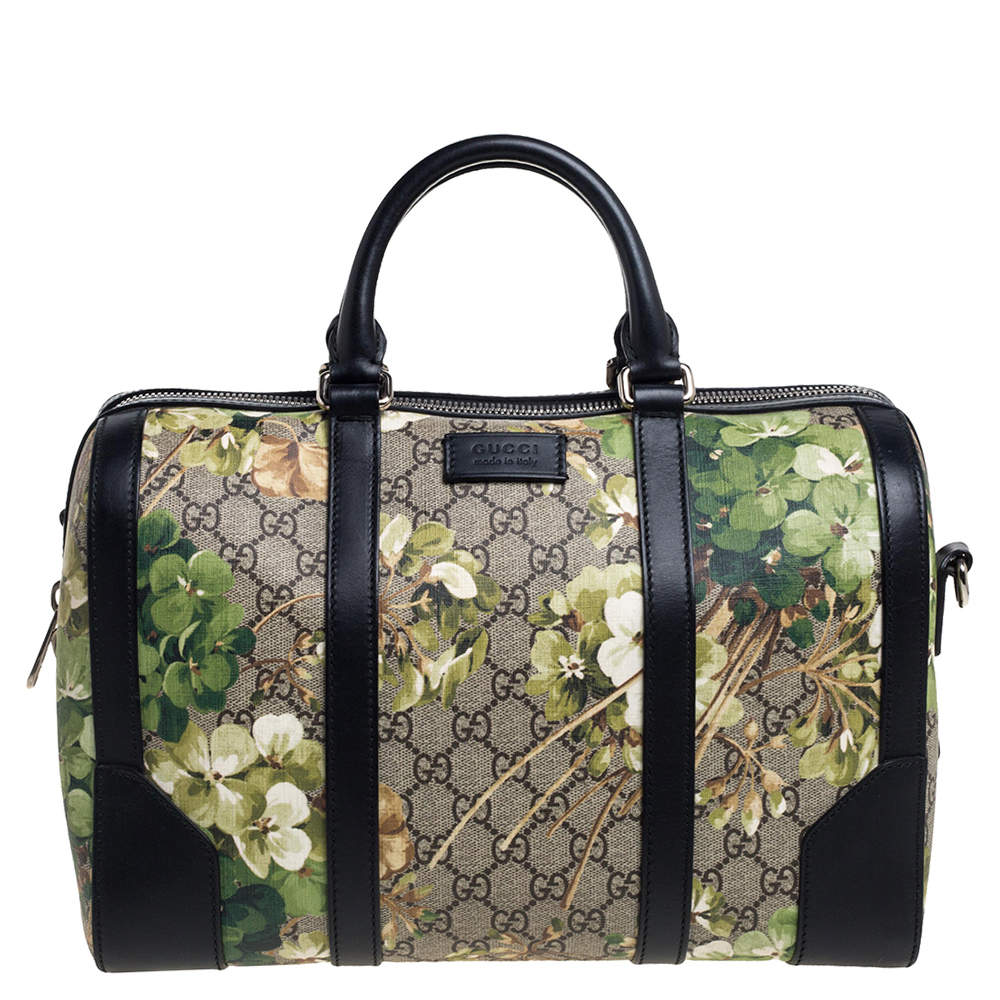 Gucci Green/Black GG Blooms Supreme Canvas and Leather Medium Boston Bag