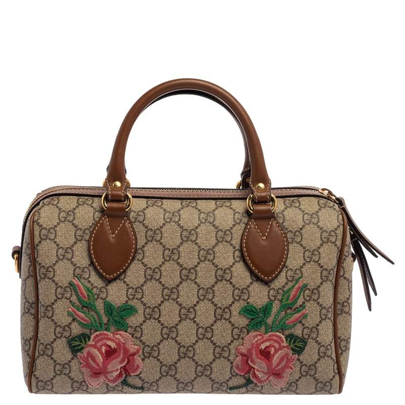 Gucci Beige/Brown GG Supreme Canvas and Leather Floral Embroidered Boston Bag