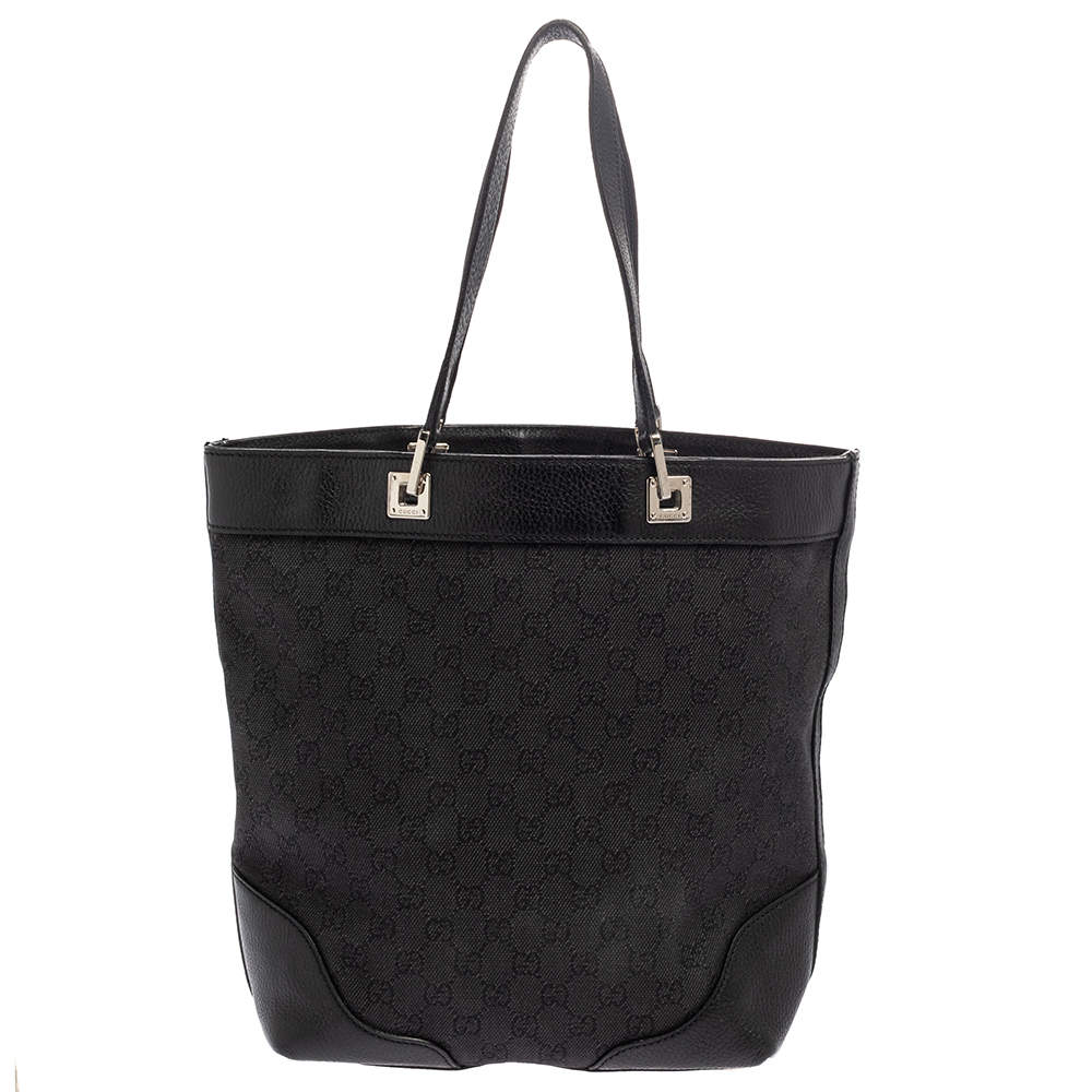 Gucci Black GG Denim and Leather Bucket Tote