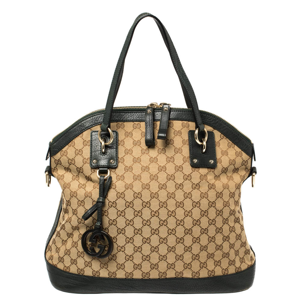 Gucci Beige/Deep Green GG Canvas and Leather Large Charm Dome Satchel