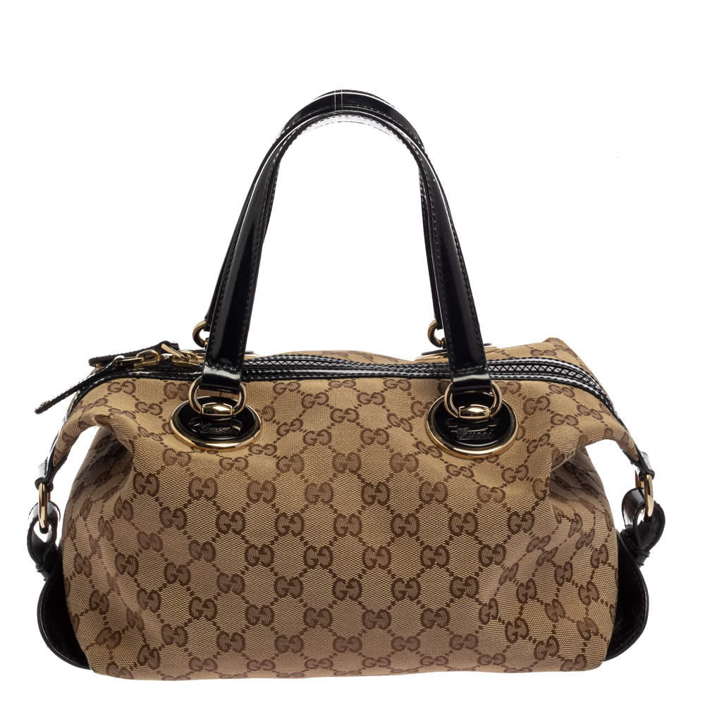Gucci Brown/Black GG Canvas and Patent Leather Satchel