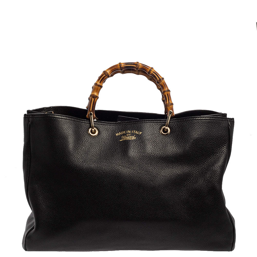 Pre Owned Gucci Black Leather Large Bamboo Handle Shopper Tote  