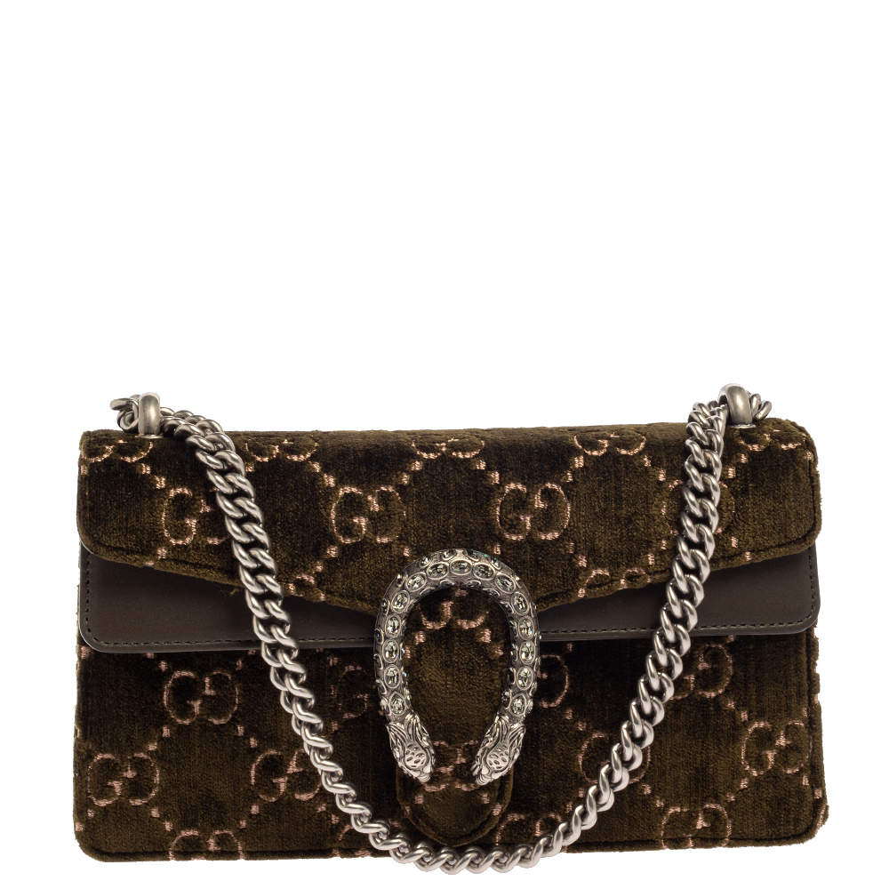 Gucci Olive Green GG Velvet and Leather Small Dionysus Shoulder Bag