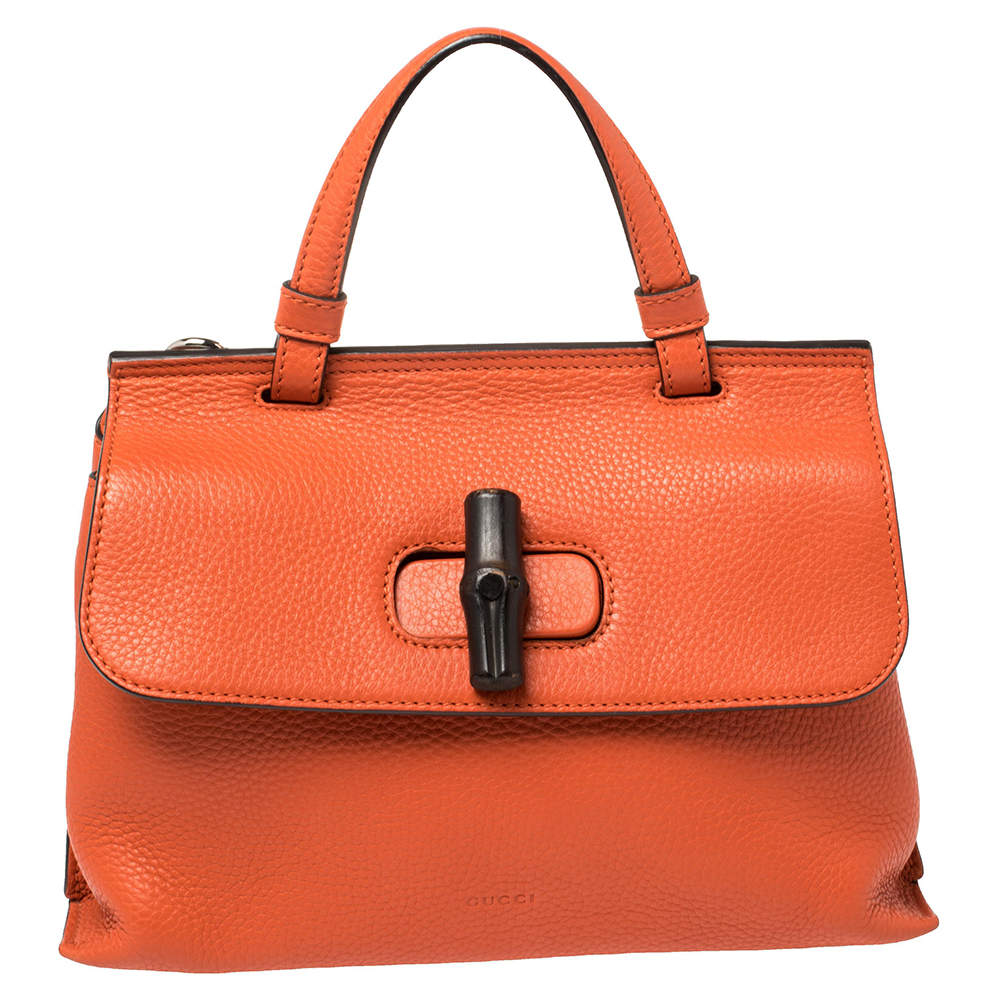 Pre Owned Gucci Orange Leather Medium Bamboo Daily Top Handle Bag