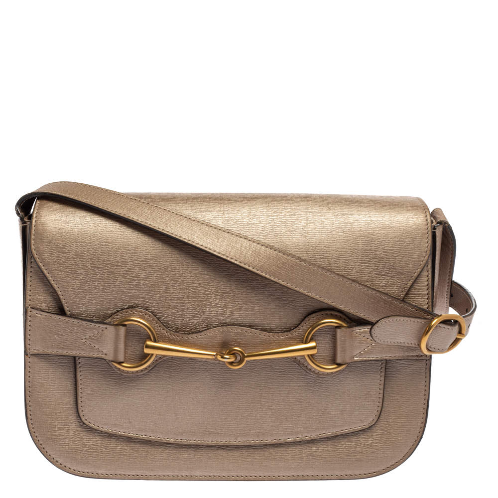 Pre Owned Gucci Light Gold Leather Bright Bit Flap Shoulder Bag