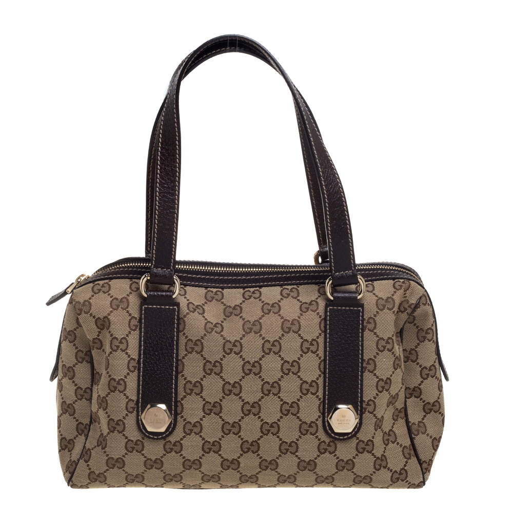 Pre Owned Gucci Beige/Brown GG Canvas and Leather Charmy Boston Bag