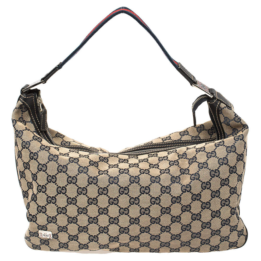 Pre Owned حقيبة غوتشي بوب كانفاس جي جي أزرق كحلي/بيج متوسطة