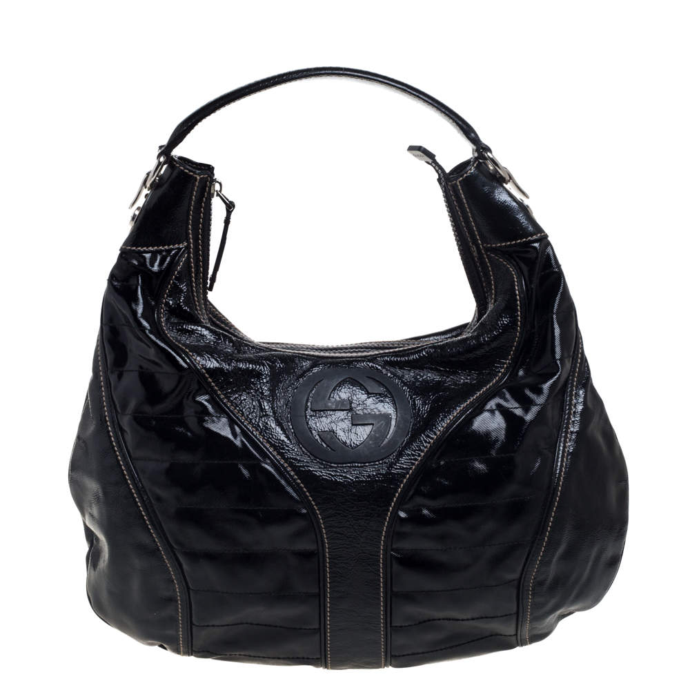 مملوكة مسبقًا Gucci Black Patent Leather Snow Glam Medium Hobo