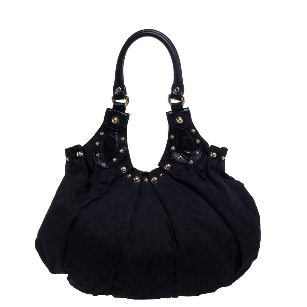 مملوكة مسبقًا Gucci Black GG Canvas and Leather Pelham Studded Hobo