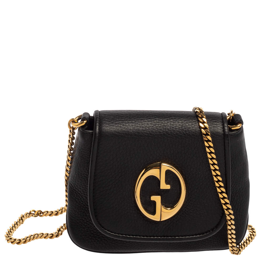 Pre Owned Gucci Black Leather Small 1973 Chain Crossbody Bag