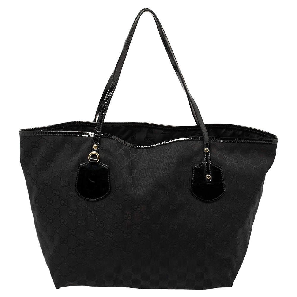 Pre Owned Gucci Black GG Canvas and Patent Leather Jolie Tote
