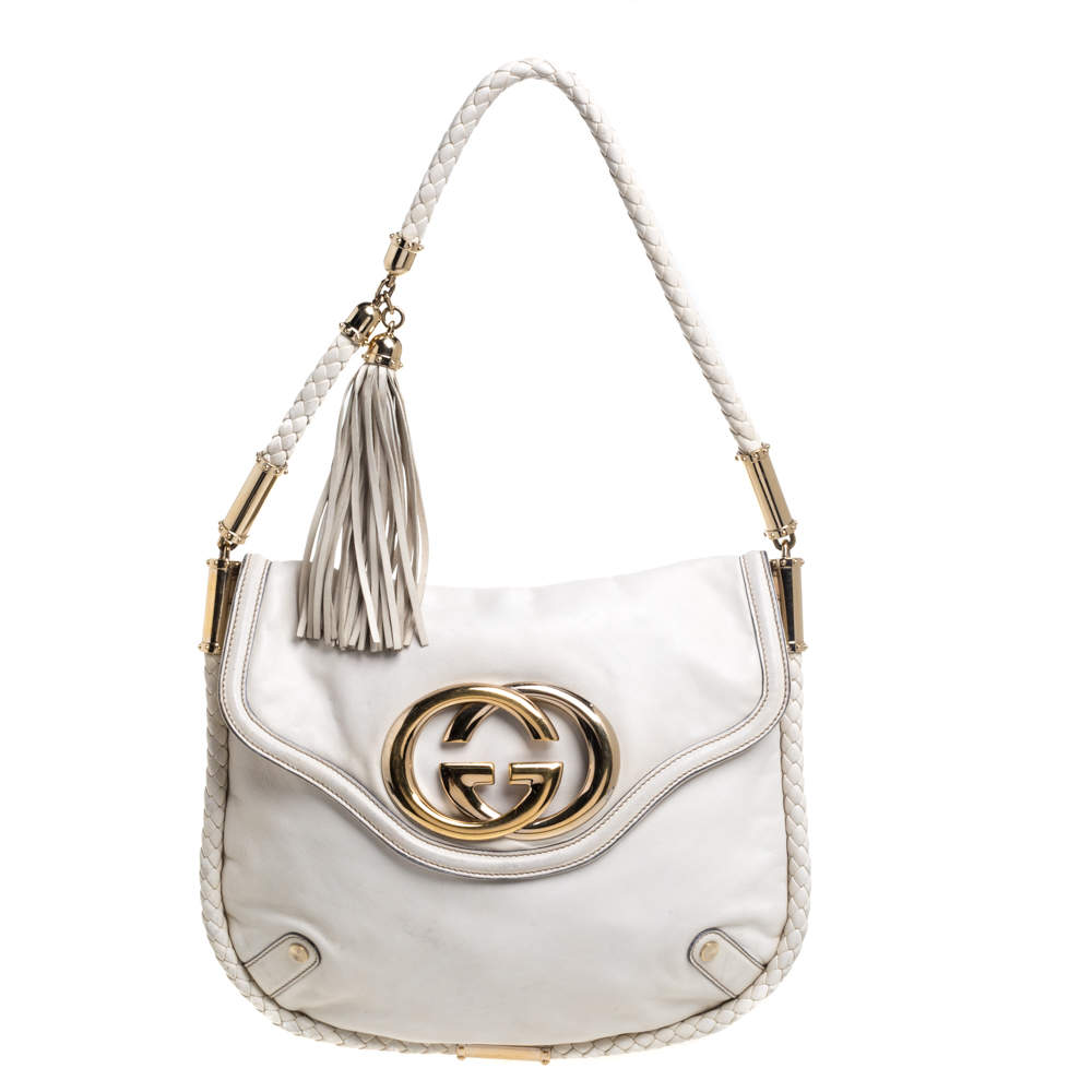 Pre Owned Gucci Cream Leather Medium Britt Tassel Hobo