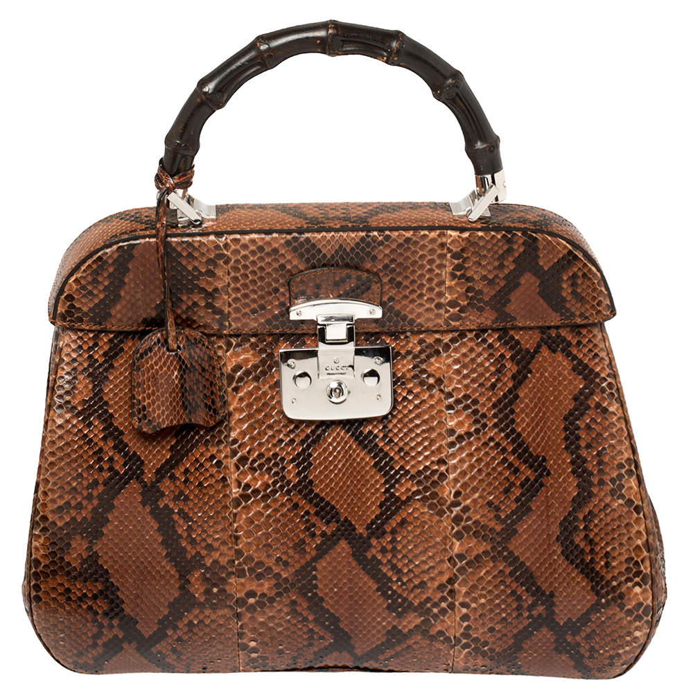 Pre Owned Gucci Brown/Black Python Lady Lock Bamboo Large Top Handle Bag