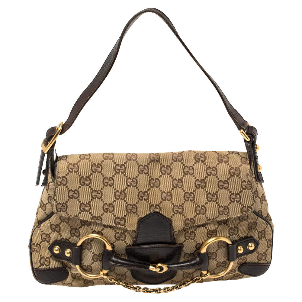 Gucci Beige/Ebony GG Canvas and Leather Horsebit Chain Shoulder Bag