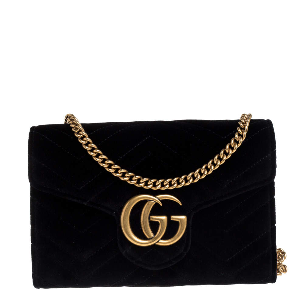 Gucci Black Chevron Velvet GG Marmont Wallet on Chain