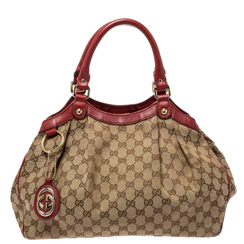 Pre Owned Gucci Maroon/Beige GG Canvas and Leather Medium Sukey Tote 