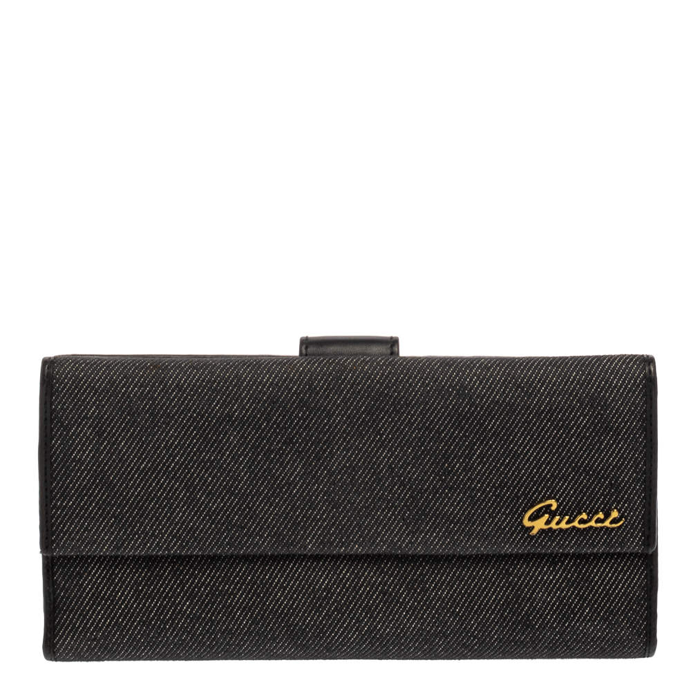 Pre Owned محفظة كونتيننتال غوتشي دينم أسود وجلد بالقلاب والشعار