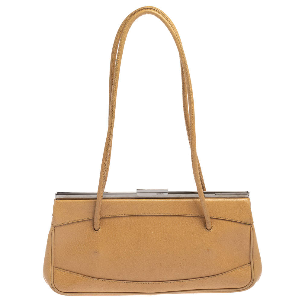Pre Owned Gucci Beige Leather Vintage Slide Frame Shoulder Bag