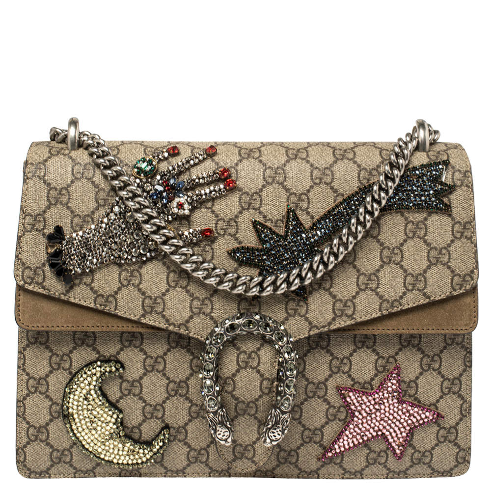 Gucci Beige/Brown GG Supreme Canvas and Suede Medium Dionysus Embellished Shoulder Bag