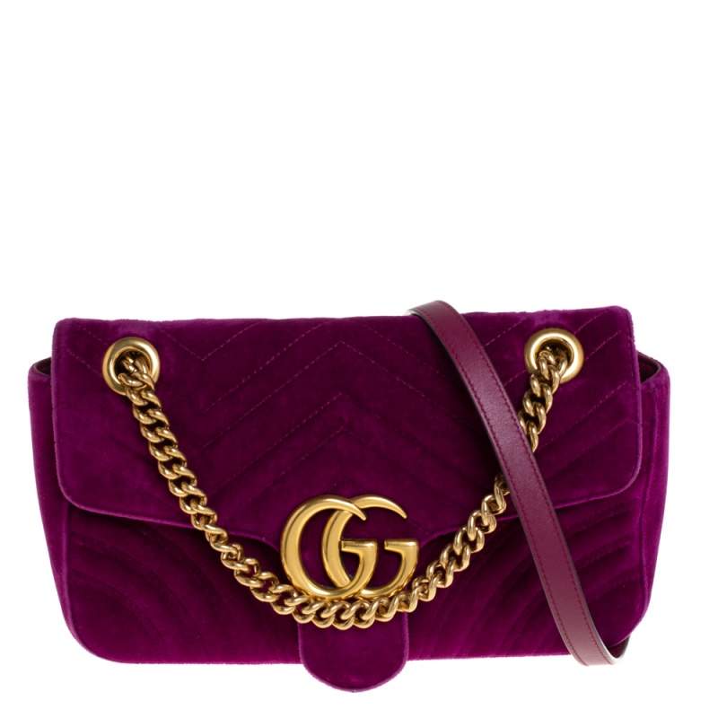 Gucci Magenta Matelasse Velvet Small GG Marmont Shoulder Bag