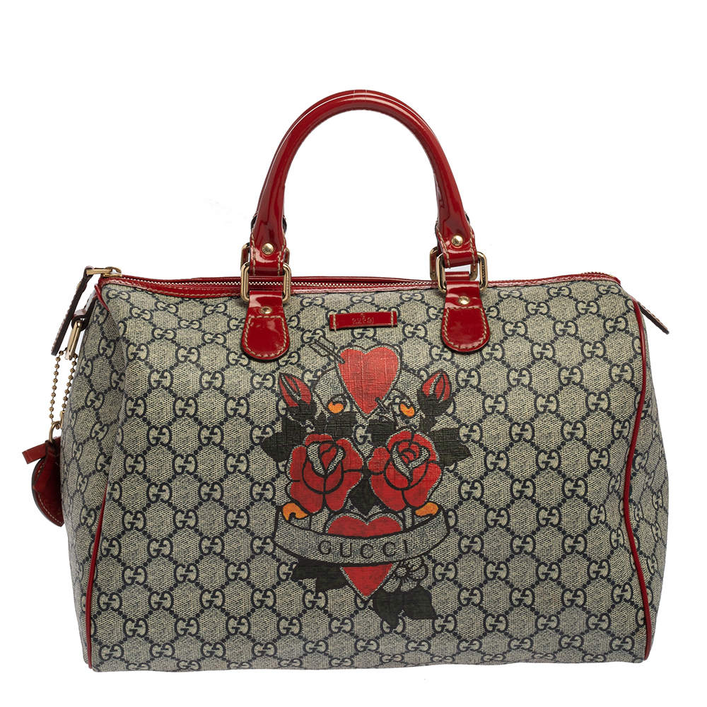 Gucci Beige/Red Heart Tattoo GG Supreme Canvas and Patent Leather Medium Joy Boston Bag