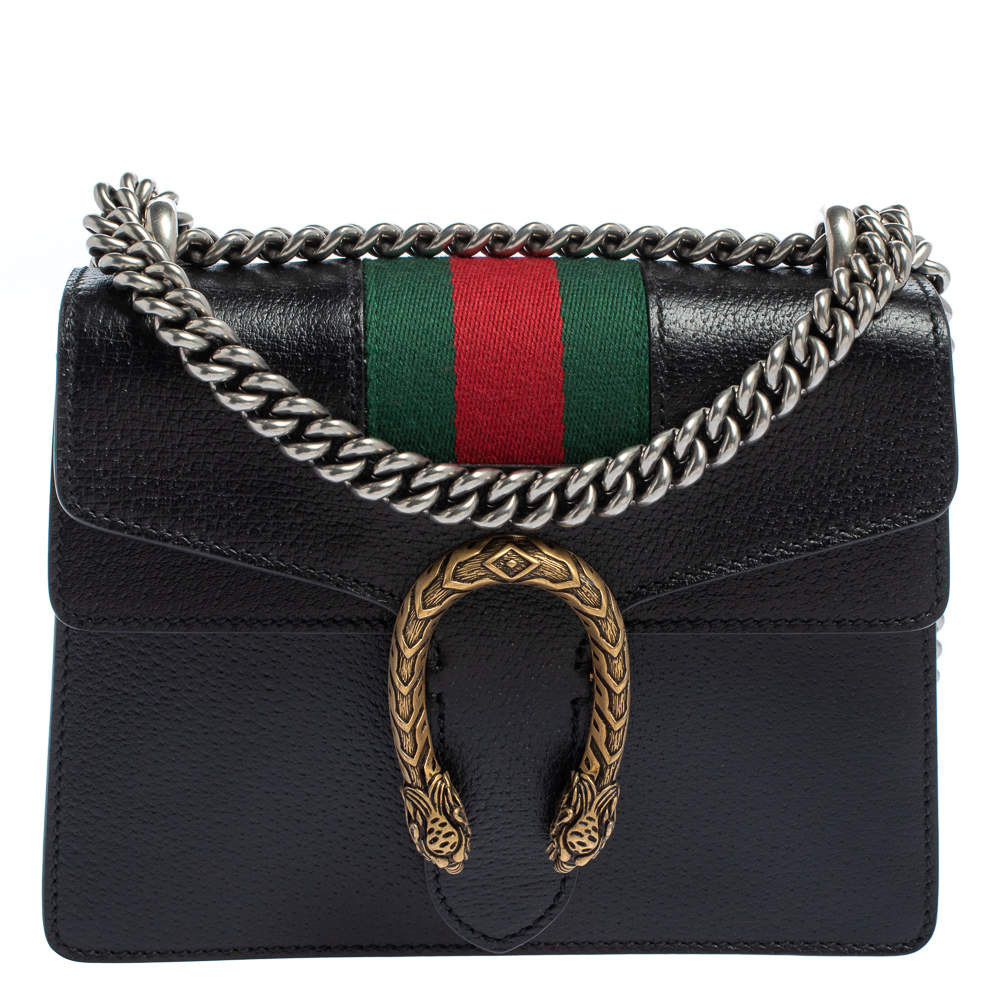 Pre Owned Gucci Black Leather Mini Web Dionysus Shoulder Bag