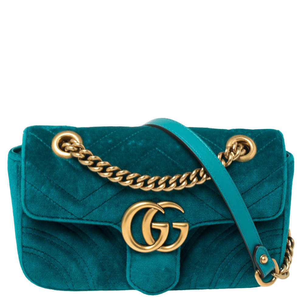 مملوكة مسبقًا Gucci Teal Matelasse Velvet Mini GG Marmont Shoulder Bag