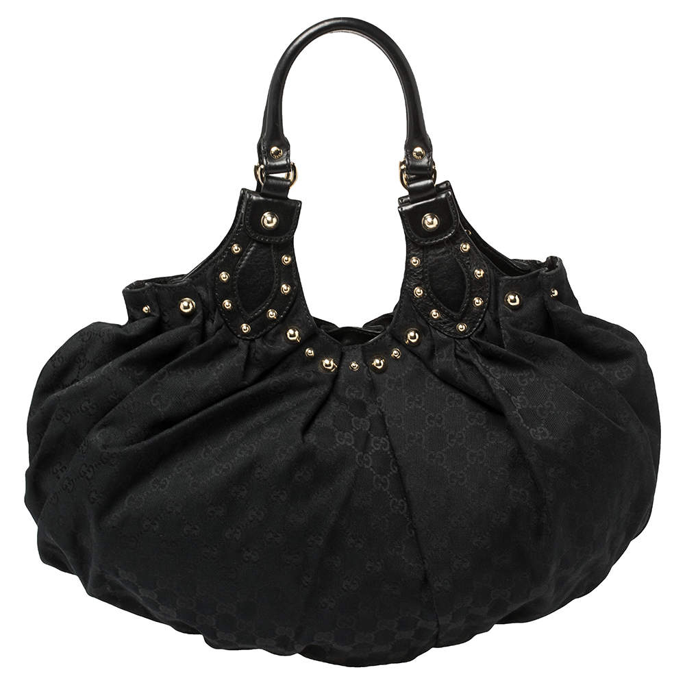 مملوكة مسبقًا Gucci Black GG Canvas and Leather Pelham Studded Hobo