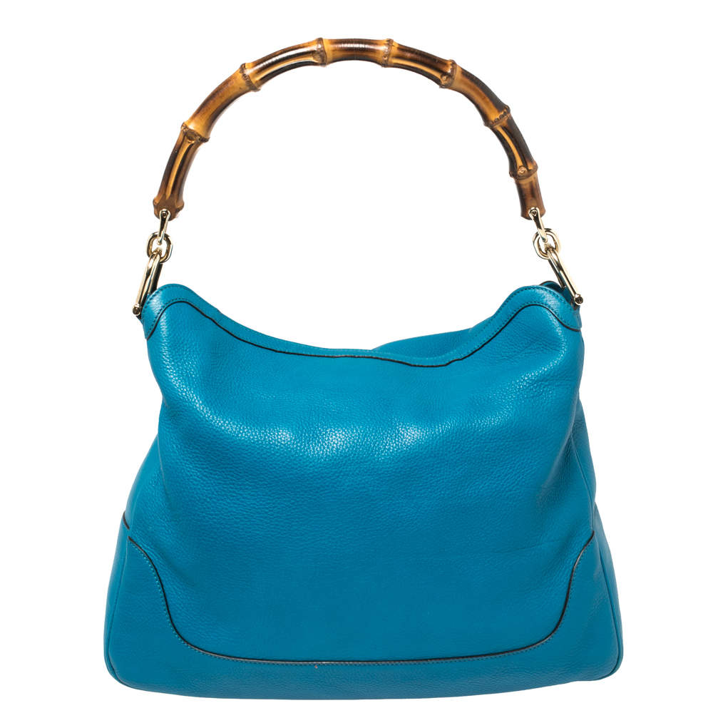 Leather Como Bag with Bamboo Handles in Turquoise