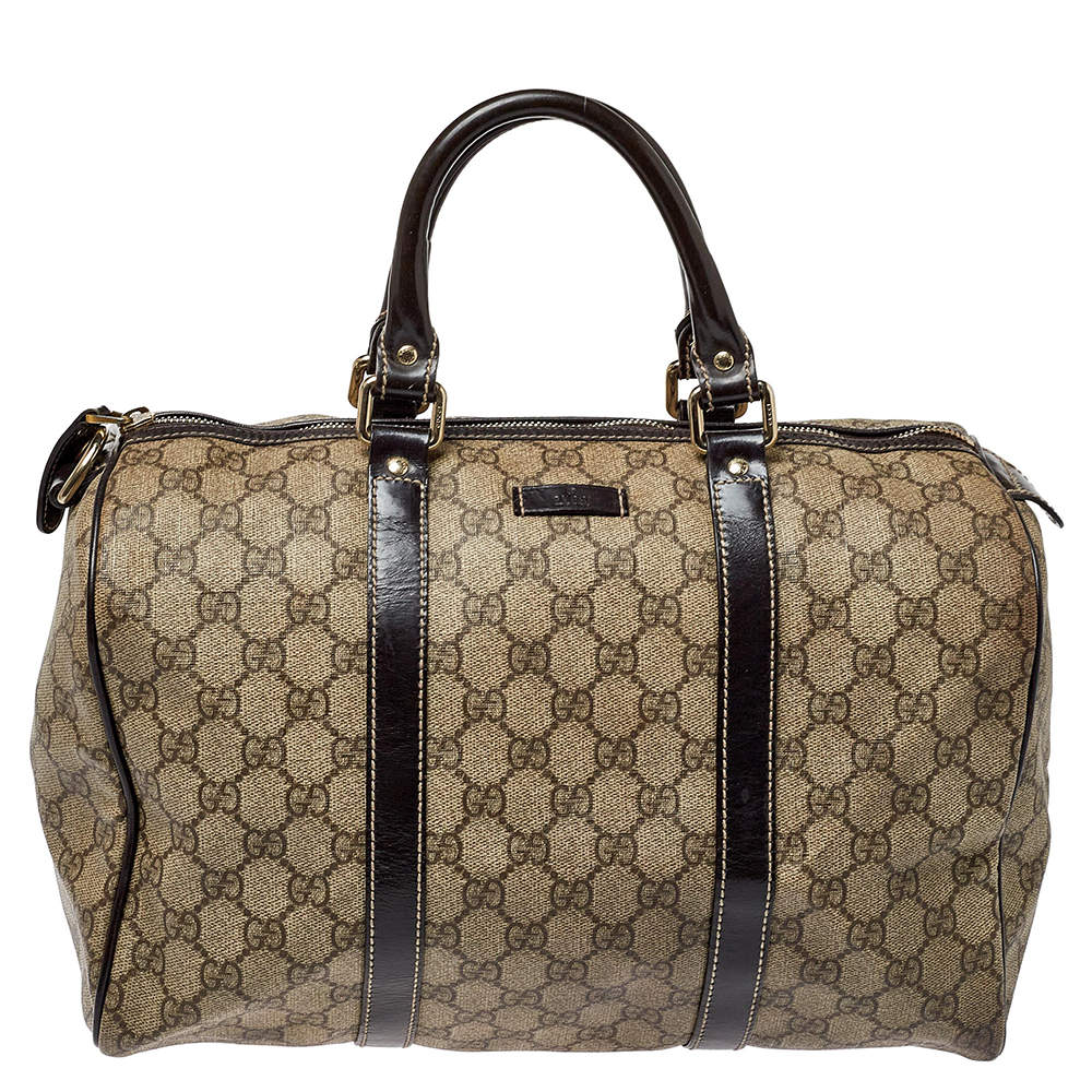 Pre Owned Gucci Beige/Brown GG Supreme Canvas and Patent Leather Medium Joy Boston Bag