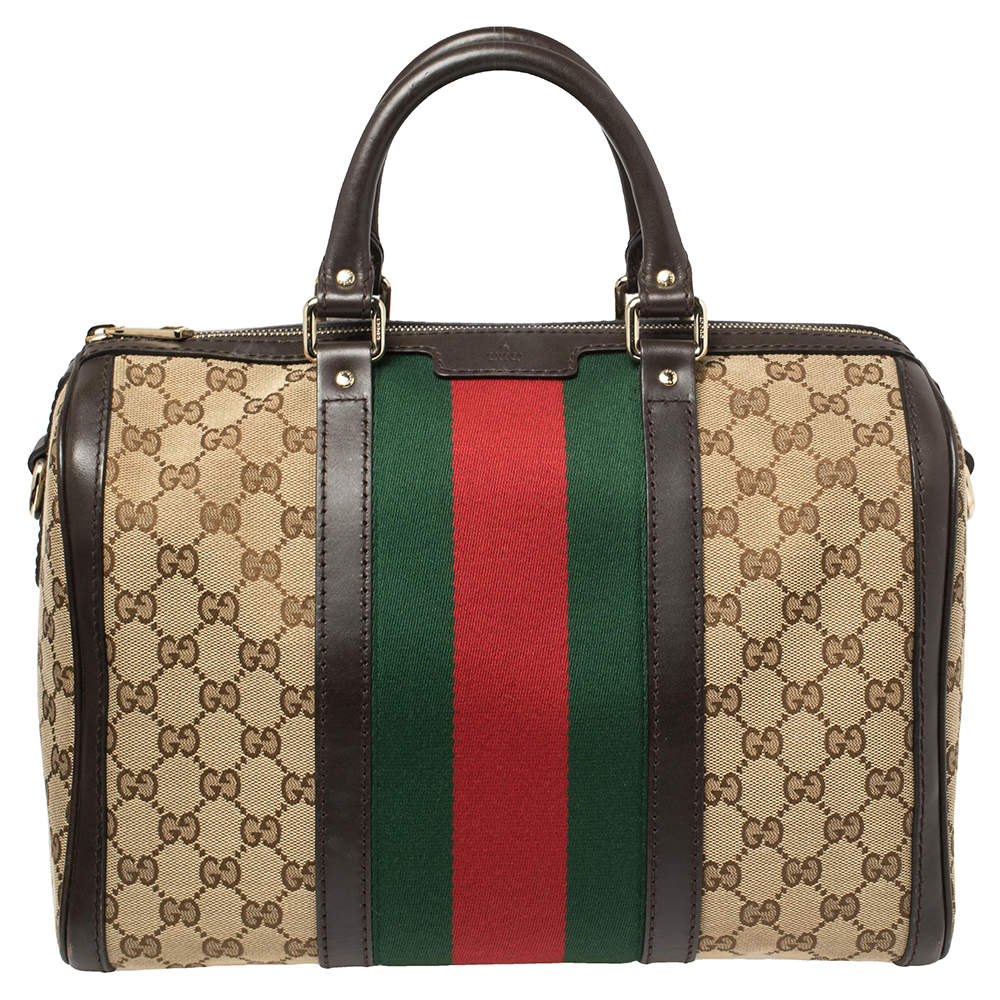 Pre Owned Gucci Beige/Brown GG Canvas and Leather Medium Vintage Web Boston Bag