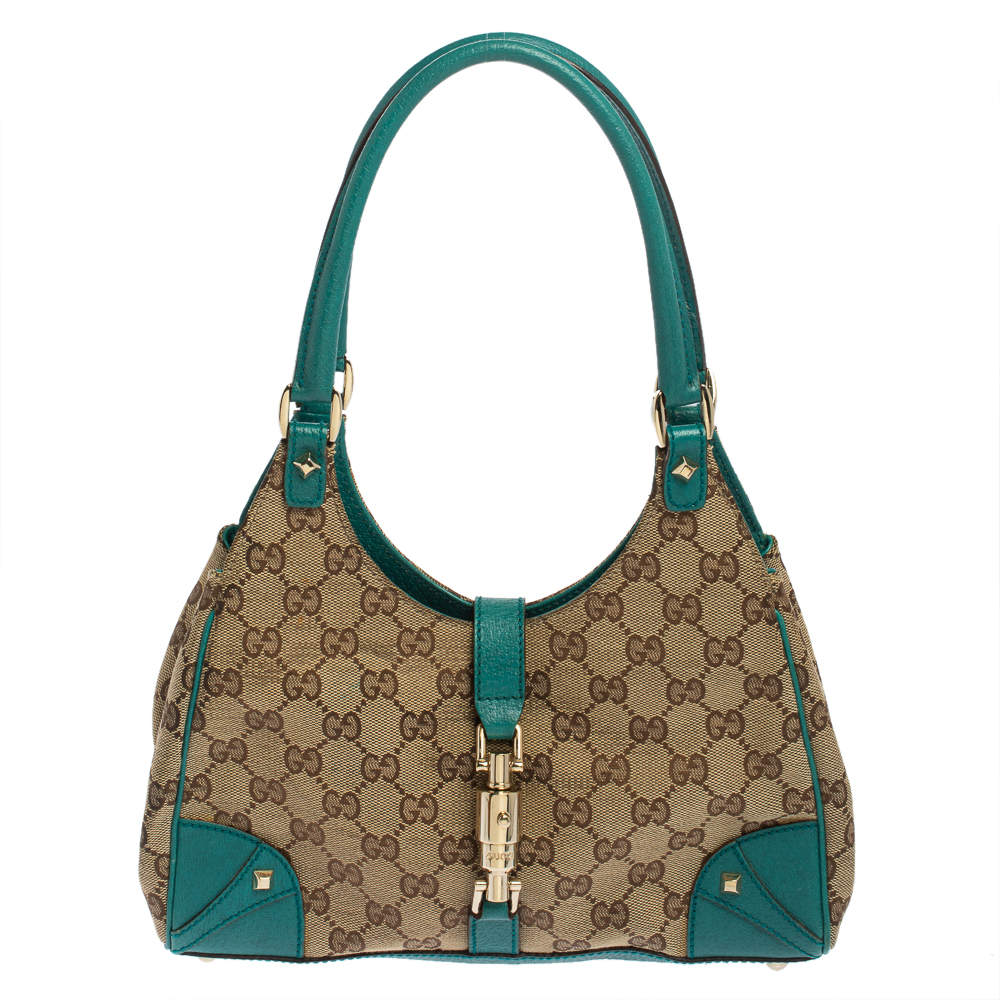 Pre Owned Gucci Teal/Beige GG Canvas and Leather Small Bardot Hobo