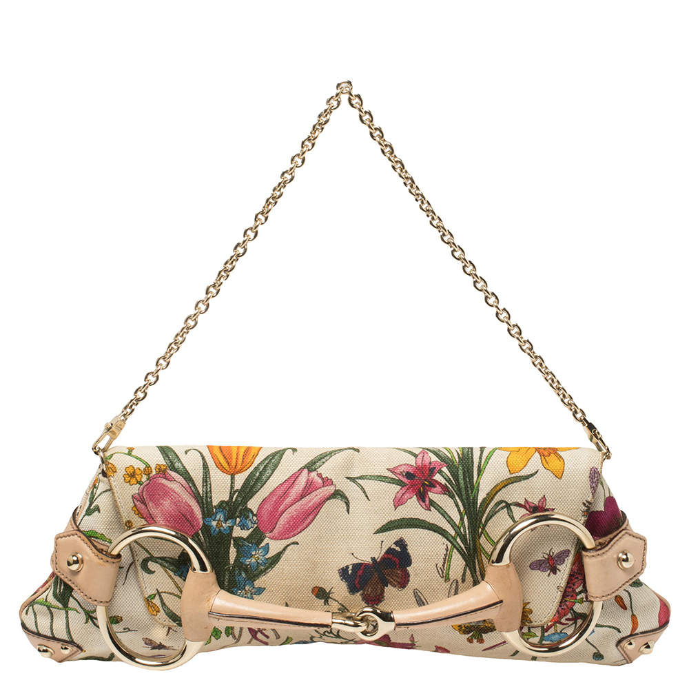 Gucci Multicolor Floral Print Canvas and Leather Horsebit Chain Clutch