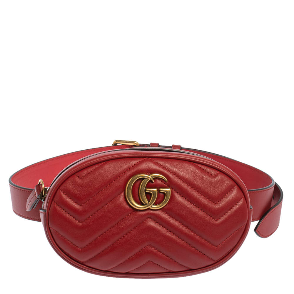 Pre Owned Gucci Red Matelasse Leather GG`Marmont Belt Bag