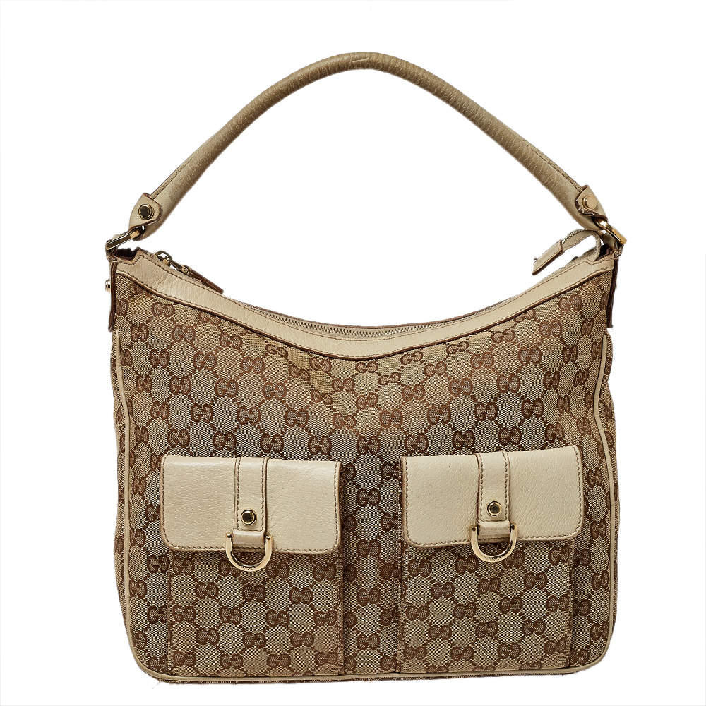 Gucci Beige GG Canvas and Leather Front Pocket Hobo