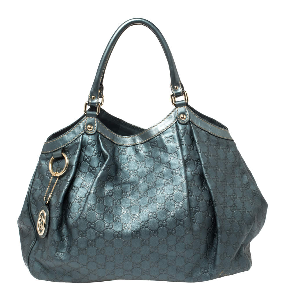 Gucci Metallic Teal Blue Guccissima Leather Large Sukey Tote
