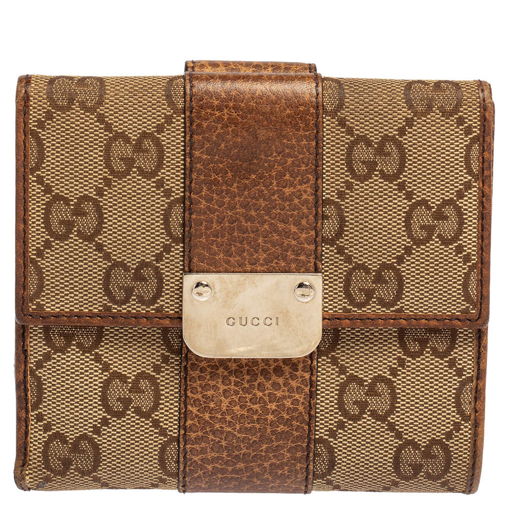 Pre Owned Gucci Beige GG Canvas and Leather French Flap Wallet