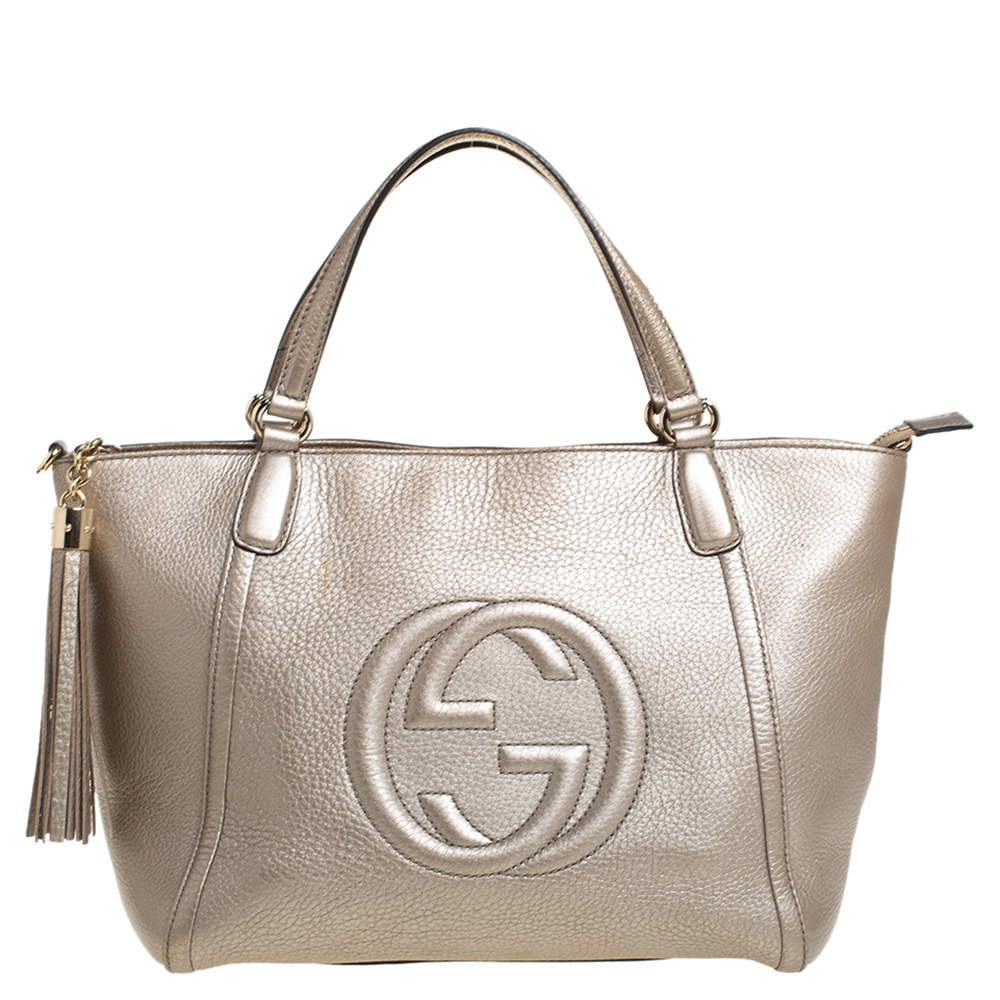 مملوكة مسبقًا Gucci Metallic Beige Pebbled Leather Soho Working Tote 