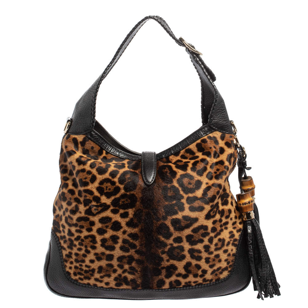 Gucci Black Brown Leopard Print and Leather Medium New Jackie