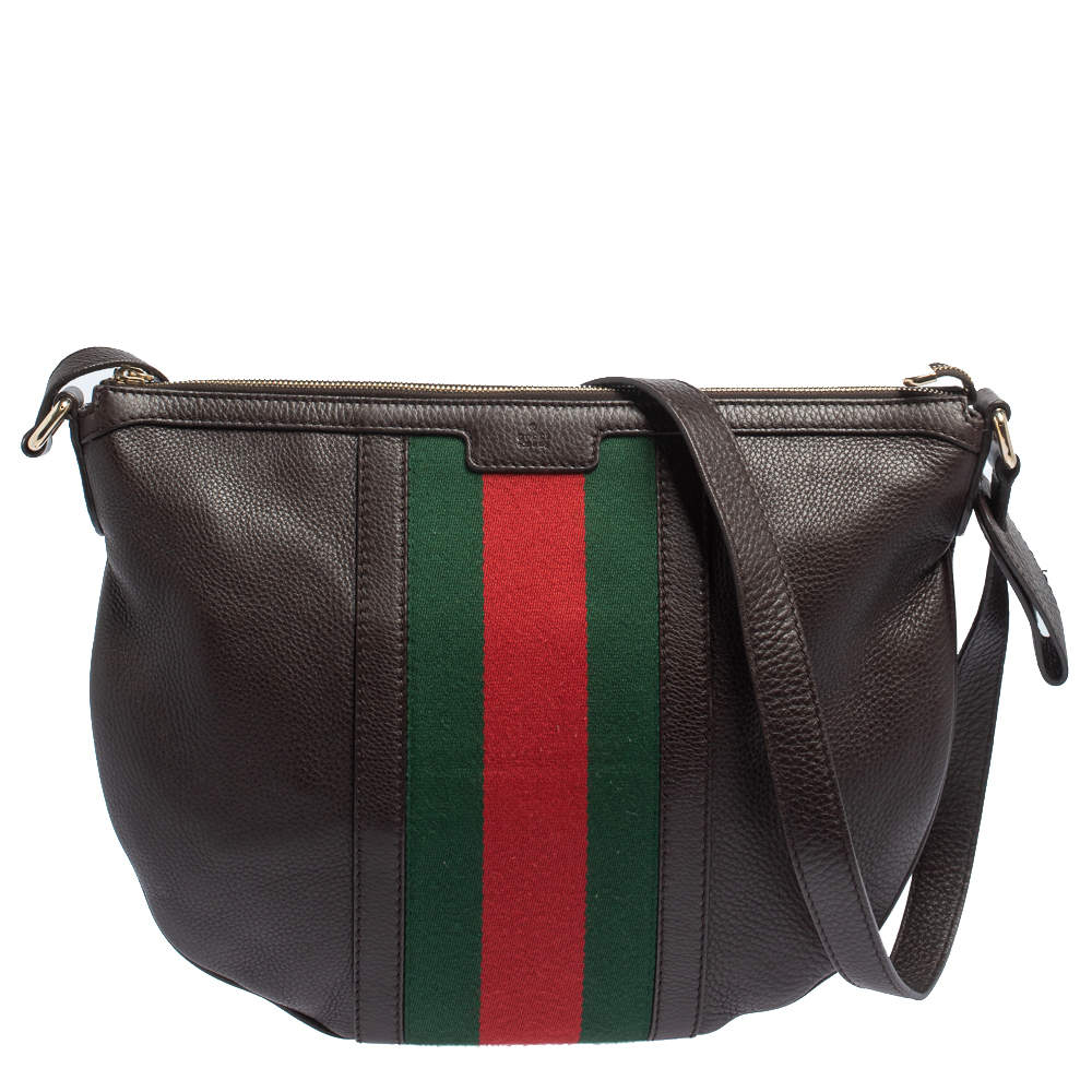 Pre Owned Gucci Brown Leather Medium Vintage Web Messenger Bag
