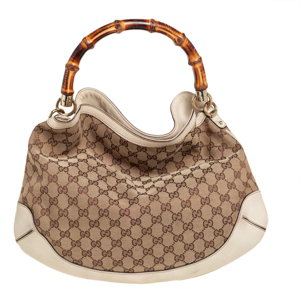 Gucci Beige/Off White GG Canvas Diana Bamboo Hobo