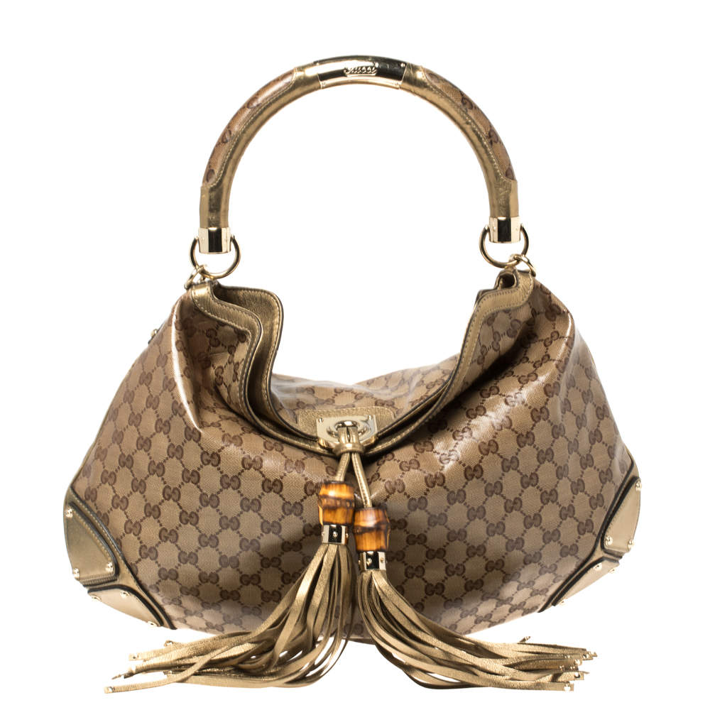 Gucci Beige/Gold GG Crystal Canvas and Leather Large Babouska Indy Hobo